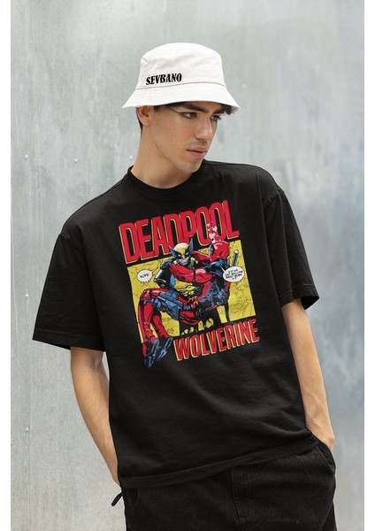 Marvel Wolverine x Deadpool Baskılı Unisex Tişört, Oversize Film Tişört