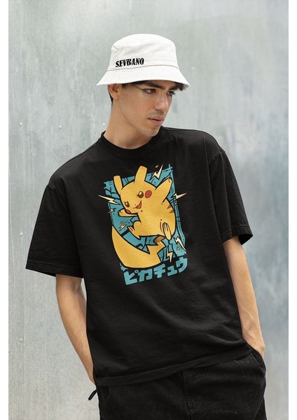Pokemon Baskılı Unisex Tişört, Oversize Pikaçu Tişört