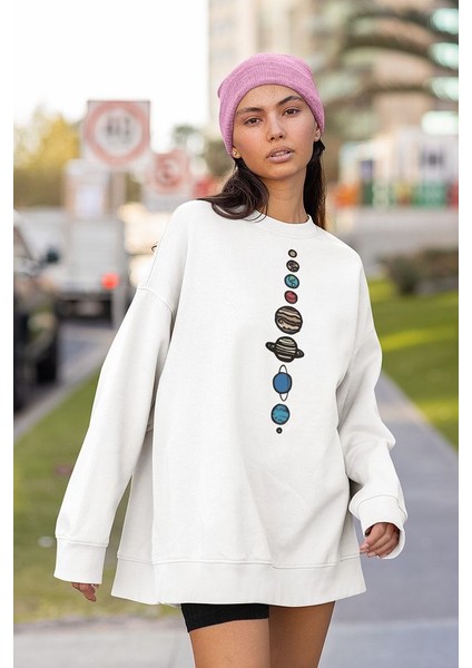 Gezegenler Baskılı Unisex Oversize Sweatshirt