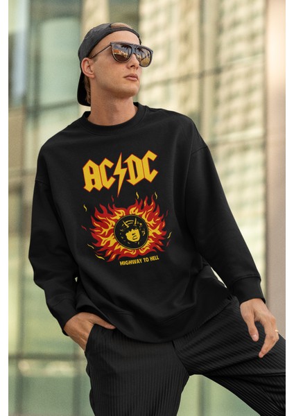 Ac Dc Highway To Hell Baskılı Unisex Sweatshirt, Oversize Rock Metal Sweatshirt
