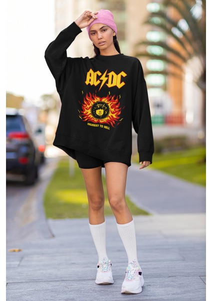 Ac Dc Highway To Hell Baskılı Unisex Sweatshirt, Oversize Rock Metal Sweatshirt