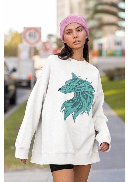 Tasarım Kurt Baskılı Unisex Oversize Sweatshirt