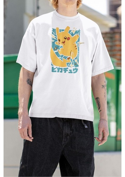 Pokemon Baskılı Unisex Tişört, Oversize Pikaçu Tişört