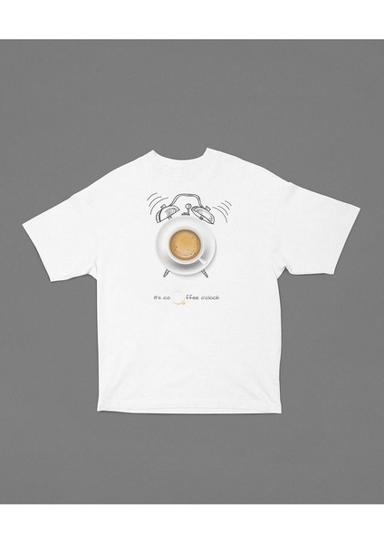 Kahve Saati Baskılı Tişört, Oversize Its Coffee O'clock Tişört