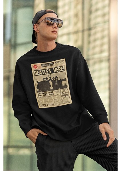 Beatles Here ! Gazete Haberi Yazılı Unisex Oversize Müzik Grubu Sweatshirt fiyatları