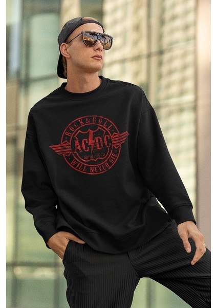 Rock & Roll Ac Dc Yazılı Unisex Oversize Will Never Die Sweatshirt