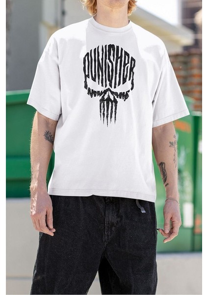 Punisher Baskılı Tasarım Tişört, Oversize Marvel Tişört