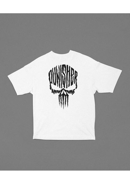 Punisher Baskılı Tasarım Tişört, Oversize Marvel Tişört
