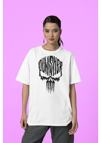 Punisher Baskılı Tasarım Tişört, Oversize Marvel Tişört