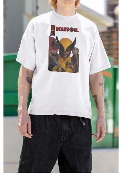 Marvel Deadpool x Wolverine Baskılı Tişört, Oversize Kahramanlar Baskılı Tişört