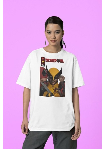 Marvel Deadpool x Wolverine Baskılı Tişört, Oversize Kahramanlar Baskılı Tişört