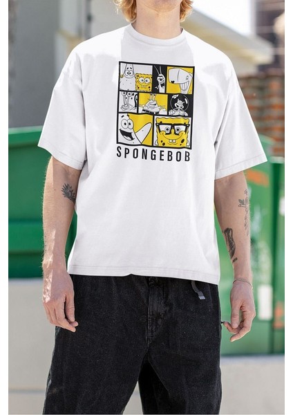 Süngerbob Çizgi Film Baskılı Tişört, Oversize Spongebob Tişört