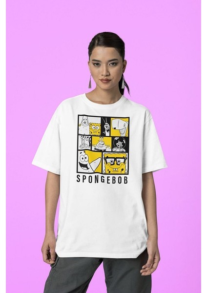 Süngerbob Çizgi Film Baskılı Tişört, Oversize Spongebob Tişört