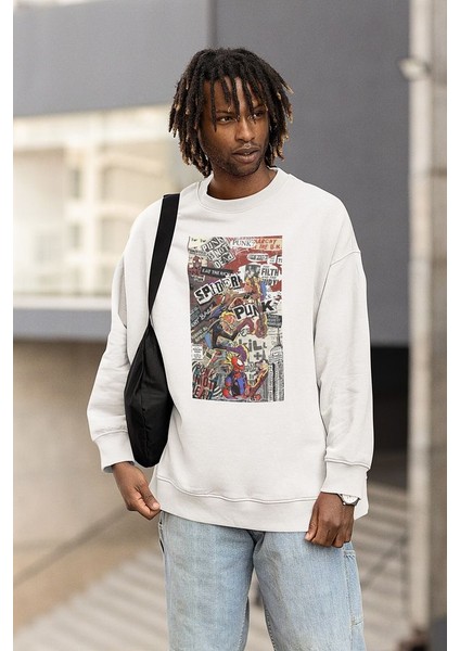 Spiider-Punk Baskılı Unisex Oversize Örümcek Adam Sweatshirt