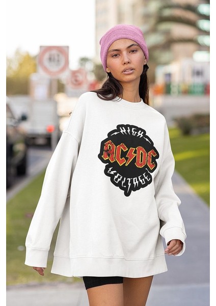 High Ac Dc Voltage Baskılı Unisex Oversize Rock Metal Sweatshirt