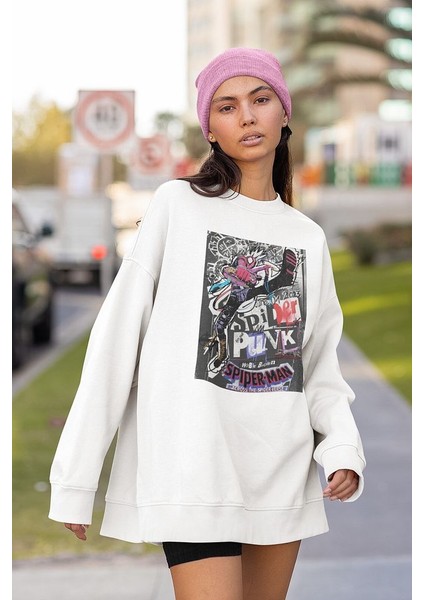 Spider Punk Baskılı Unisex Oversize Örümcek Adam Sweatshirt fiyatları