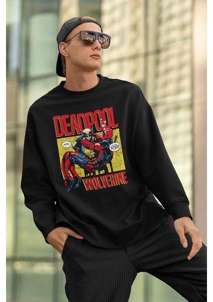 Deadpool x Wolverine Baskılı Unisex Oversize Kahraman Sweatshirt