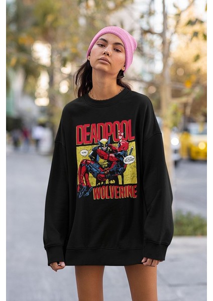 Deadpool x Wolverine Baskılı Unisex Oversize Kahraman Sweatshirt