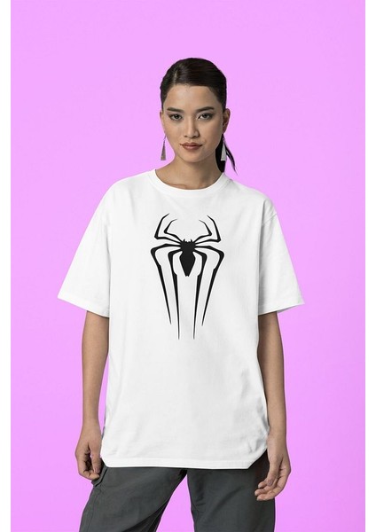 Spider-Man Logo Baskılı Tişört, Oversize Marvel Örümcek Adam Tişört