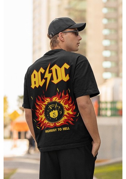 Highway To Hell Ac Dc Baskılı Oversize Rock Metal Müzik Grubu Tişört