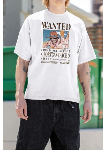 Wanted Portgas D Ace Baskılı Tişört, Oversize Anime Karakter Tişört
