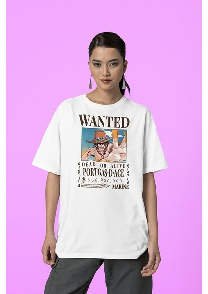 Wanted Portgas D Ace Baskılı Tişört, Oversize Anime Karakter Tişört