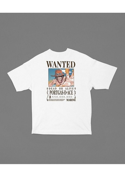Wanted Portgas D Ace Baskılı Tişört, Oversize Anime Karakter Tişört