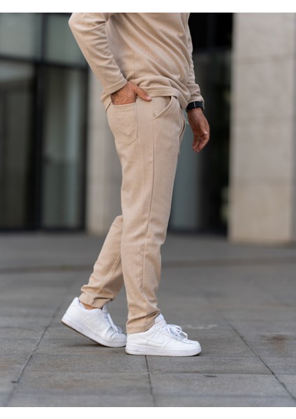 Erkek Pantolon, Waffle Kumaş Jogger Pantolon, Baharlık, Pamuklu, Günlük Giyim, Rahat Kesim fırsatları