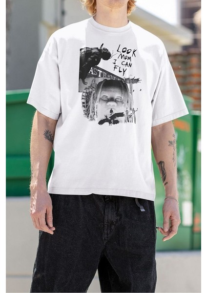 Look Mom I Can Fly Travis Scott Baskılı Tişört, Oversize Rapper Rap Tişört