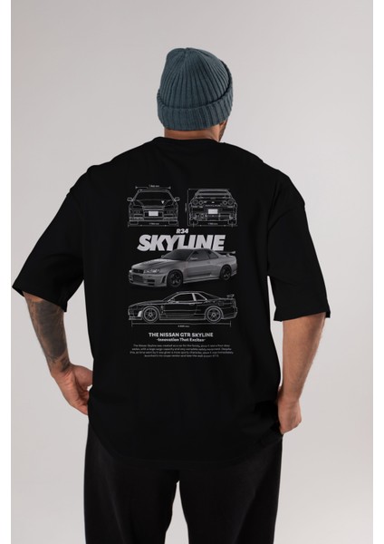 Nıssan Gtr Skylıne R34 Arka Baskılı Oversize T-Shirt Erkek Kadın Unisex Pamuk Bisiklet Yaka