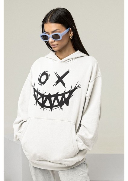 Tasarım Gülen Yüz Baskılı Unisex Oversize Hoodie