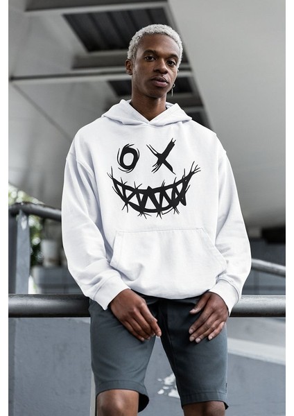 Tasarım Gülen Yüz Baskılı Unisex Oversize Hoodie