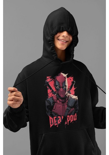 Tasarım Deadpool Baskılı Unisex Oversize Marvel Hoodie