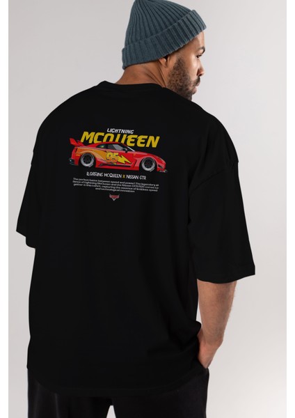 Lightning Mqueen Arka Baskılı Oversize T-Shirt Erkek Kadın Unisex Pamuk Bisiklet Yaka