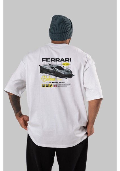Batman x Ferrarı Arka Baskılı Oversize T-Shirt Erkek Kadın Unisex Pamuk Bisiklet Yaka