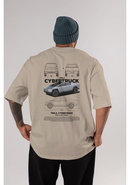 Tesla Cybertruck Arka Baskılı Oversize T-Shirt Erkek Kadın Unisex Pamuk Bisiklet Yaka Tişort