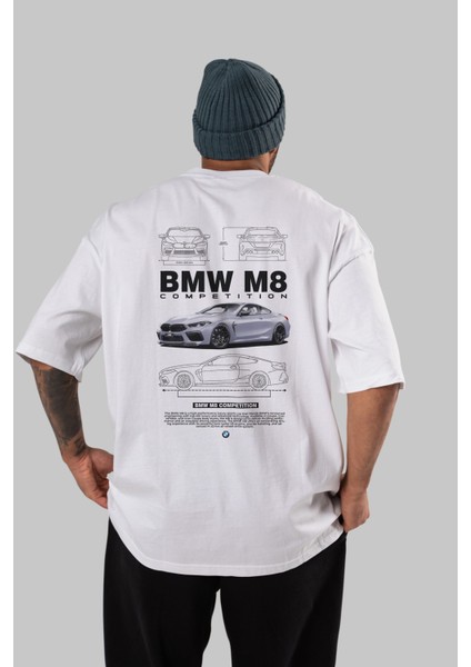 Bmw M8 Arka Baskılı Oversize T-Shirt Erkek Kadın Unisex Pamuk Bisiklet Yaka