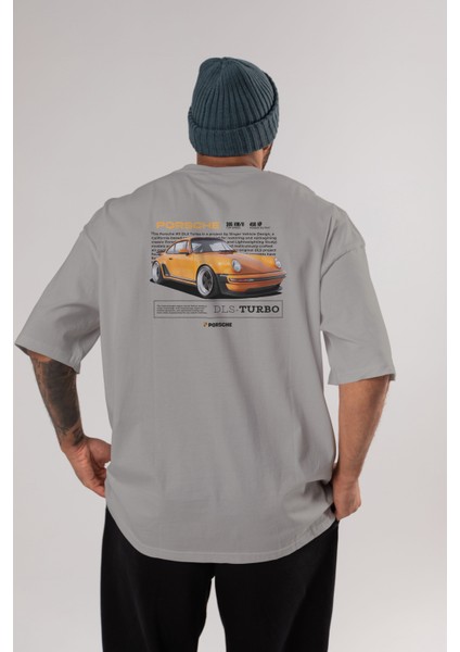Porsche Dls-Turbo Arka Baskılı Oversize T-Shirt Erkek Kadın Unisex Pamuk Bisiklet Yaka Tişort