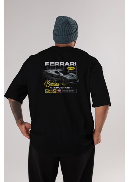 Batman x Ferrarı Arka Baskılı Oversize T-Shirt Erkek Kadın Unisex Pamuk Bisiklet Yaka
