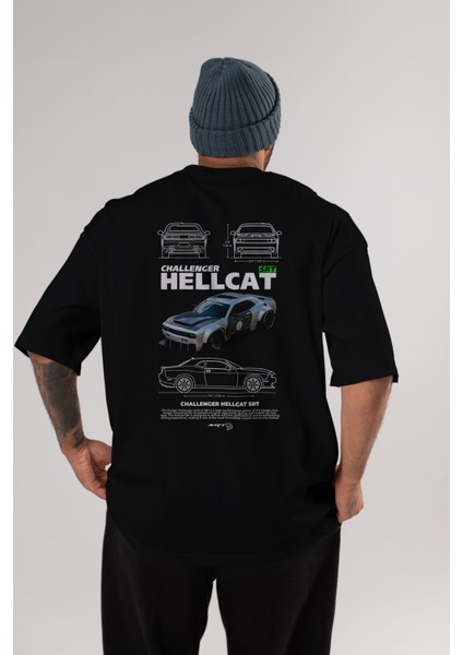 Challenger Hellcat Srt Arka Baskılı Oversize T-Shirt Erkek Kadın Unisex Pamuk Bisiklet Yaka