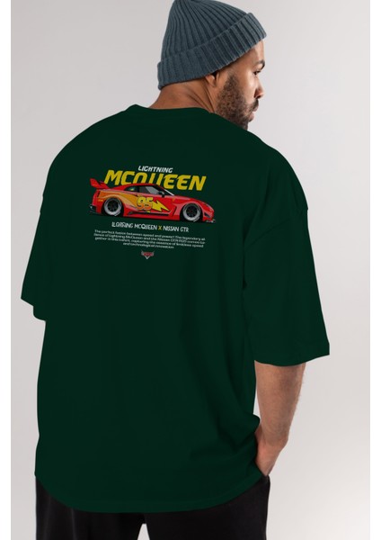 Lightning Mqueen Arka Baskılı Oversize T-Shirt Erkek Kadın Unisex Pamuk Bisiklet Yaka Tişort
