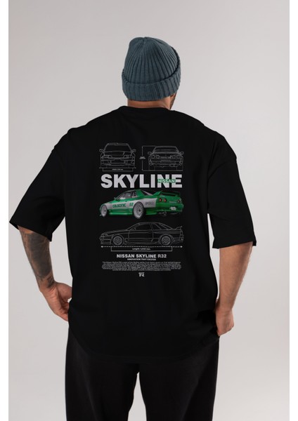 Nıssan Skylıne R32 Arka Baskılı Oversize T-Shirt Erkek Kadın Unisex Pamuk Bisiklet Yaka