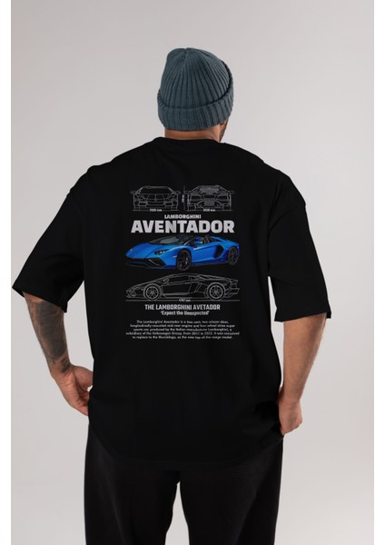 Lamborghini Aventador 1 Arka Baskılı Oversize T-Shirt Erkek Kadın Unisex Pamuk Bisiklet Yaka