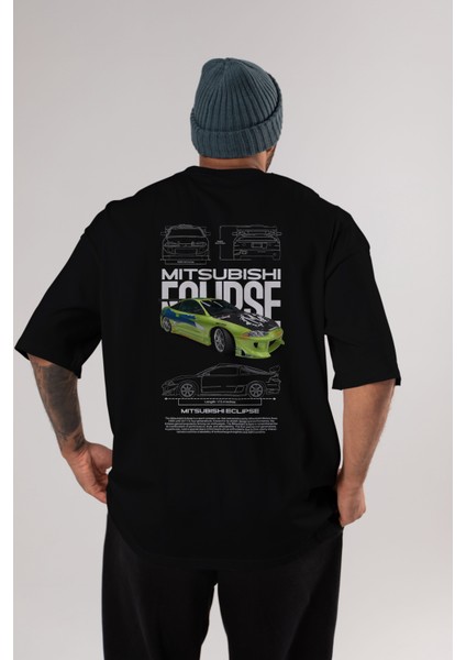 Mitsubishi Eclipse Arka Baskılı Oversize T-Shirt Erkek Kadın Unisex Pamuk Bisiklet Yaka