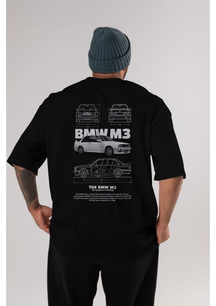 Bmw M3 Arka Baskılı Oversize T-Shirt Erkek Kadın Unisex Pamuk Bisiklet Yaka