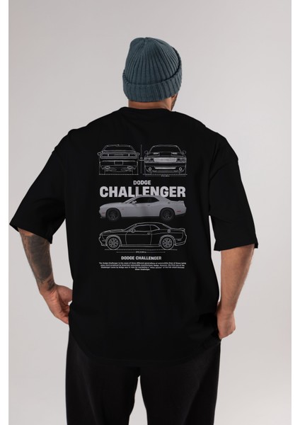 Dodge Challenger Arka Baskılı Oversize T-Shirt Erkek Kadın Unisex Pamuk Bisiklet Yaka