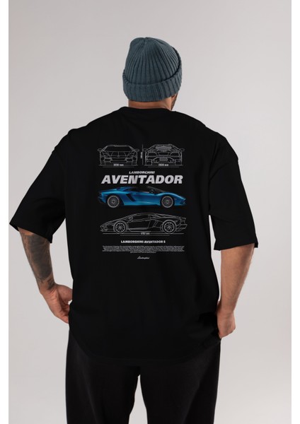 Lamborghini Aventador S Arka Baskılı Oversize T-Shirt Erkek Kadın Unisex Pamuk Bisiklet Yaka