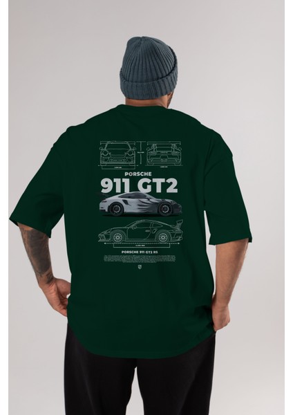Porsche 911 Gt2 Rs 3 Arka Baskılı Oversize T-Shirt Erkek Kadın Unisex Pamuk Bisiklet Yaka Tişort