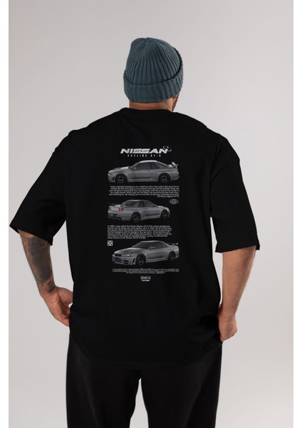 Nissan Skyline Gt-R Arka Baskılı Oversize T-Shirt Erkek Kadın Unisex Pamuk Bisiklet Yaka