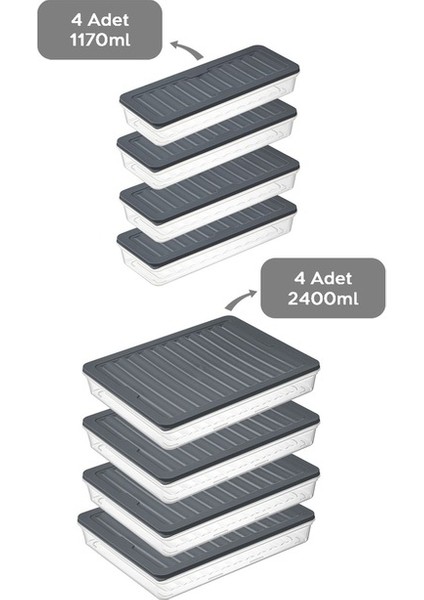 Buzdolabı Mikrodalga Saklama Kabı 8'li Antrasit 4 X( 2400 Ml) 4 x (1170 Ml)